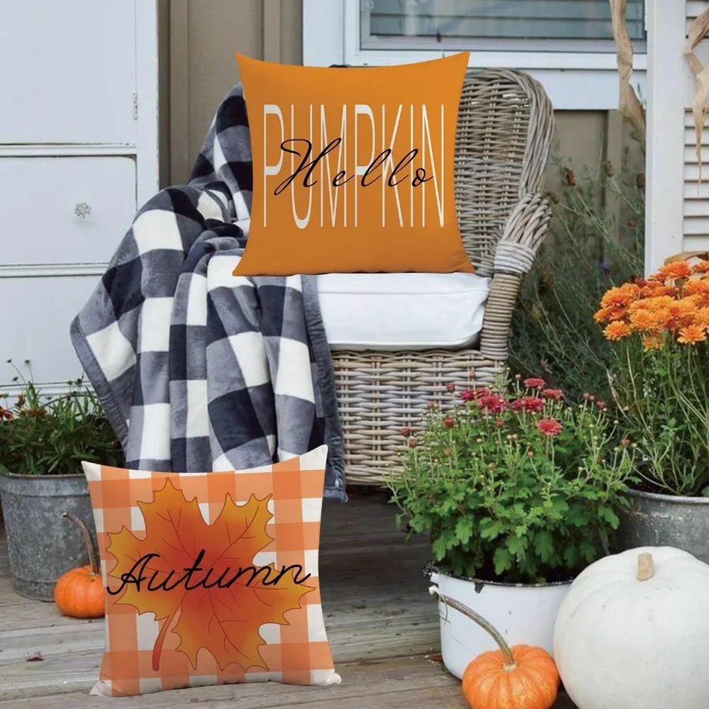THANKSGIVING FALL FARMHOUSE AUTUMN PUNPKIN ACCENT PILLOW COVERS 4 PIECE SET NWT